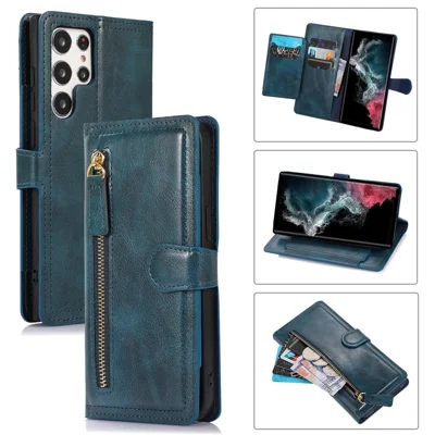 For Samsung Galaxy S23 Ultra PU Leather Wallet Case Zipper Pocket Stand Magnetic Flip Phone Cover - Blue