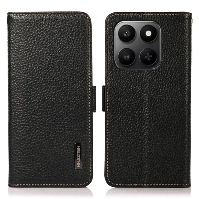 KHAZNEH Phone Case for Honor X7d 5G  /  X7d 4G  /  400 Smart 4G  /  400 Smart 5G Litchi Texture Genuine Cow Leather Cover RFID Blocking - Black