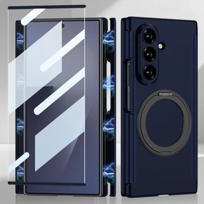 GKK Für Samsung Galaxy Z TriFold 5G Magnetische Hülle mit drehbarem Ständer / HD-Displayschutzfolie aus gehärtetem Glas, Hart-PC-Handyhülle - Dunkelblau