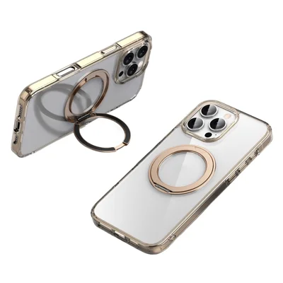 Achat en vrac pour coque transparente iPhone 16 Pro, protection magnétique PC TPU avec support pivotant 360°, compatible MagSafe - Or transparent