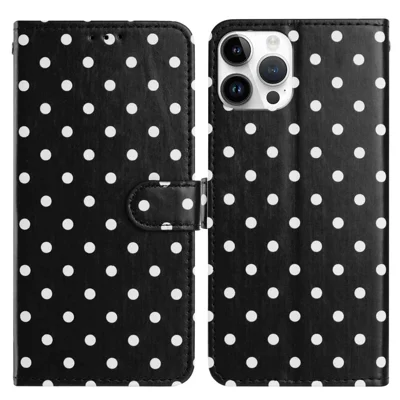 For iPhone 14 Pro Max Leather Case Polka Dot Pattern Wallet Stand Folio Phone Cover - Black