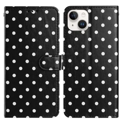 For iPhone 13 mini Leather Case Polka Dot Pattern Wallet Stand Folio Phone Cover - Black