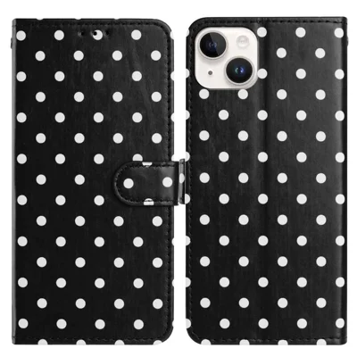 For iPhone 13 Leather Case Polka Dot Pattern Wallet Stand Folio Phone Cover - Black