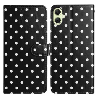 For Samsung Galaxy A08 5G / A08 4G / A07 4G / A06 4G / A06 5G Leather Case Polka Dot Pattern Wallet Stand Folio Phone Cover - Black