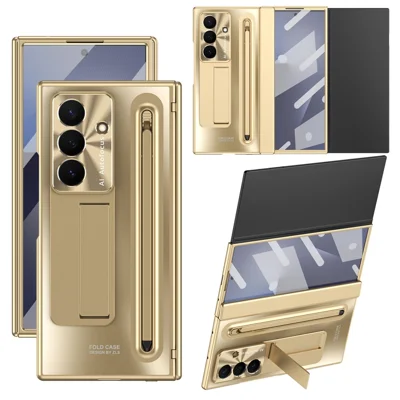 Hülle für Samsung Galaxy Z TriFold 5G mit Kippständer, Scharnier, PC-Telefonhülle mit gehärtetem Glasfolie, Stift – Gold
