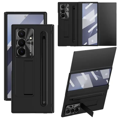 Hülle für Samsung Galaxy Z TriFold 5G mit Ständer, PC-Handyhülle mit gehärtetem Glasfilm und Stift - Schwarz