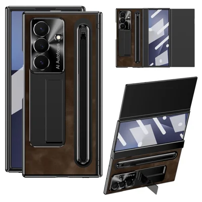 Handyhülle für Samsung Galaxy Z TriFold 5G, Retro-Leder-PC-Klappständerhülle mit gehärtetem Glasfilm und Stylus – Kaffee