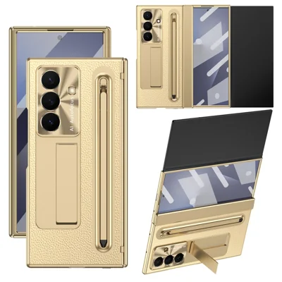 Für Samsung Galaxy Z TriFold 5G Hülle Ständer Lederoptik PC-Handyhülle mit gehärtetem Glasfilm und Stift - Gold