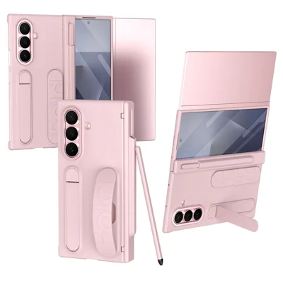 Hülle für Samsung Galaxy Z TriFold 5G mit Kartenfach, Ständer, Handschlaufe, Hart-PC-Telefonhülle mit gehärtetem Glasfilm / Stift - Rosa