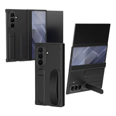 Hülle für Samsung Galaxy Z TriFold 5G mit Kartenfach, Ständer, Handschlaufe und Hart-PC-Telefonhülle mit gehärtetem Glasfilm – Schwarz