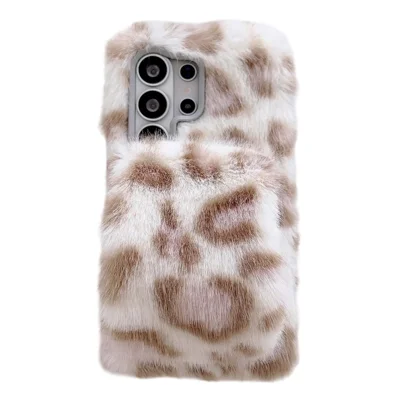 For Samsung Galaxy S26 Ultra Case Winter Warm Fluffy Leopard TPU Phone  Cover with Hand Strap - White