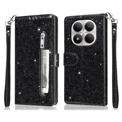 Standhoesje met glitter voor Xiaomi Redmi Note 15 Pro 5G (Global) - Zwart met portemonnee en ritssluiting