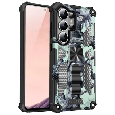 For Samsung Galaxy S26 Ultra Case Kickstand PC+TPU Camouflage Military Grade Phone Cover - Light Green