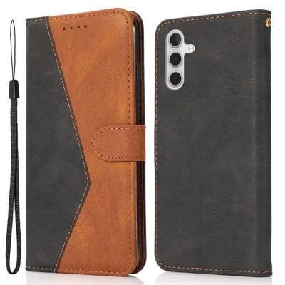 Для Samsung Galaxy A14 5G Color Splicing PU Leather Full Protection Inner TPU Phone Case Wallet Stand Cover with Wrist Strap - Black / Brown