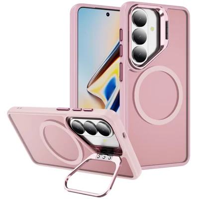 For Samsung Galaxy S26+ Magnetic Case with Lens Kickstand Skin-Touch PC + TPU Phone Cover - Transparent Pink