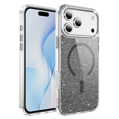 Étui magnétique pailleté pour iPhone 17 Pro, coque transparente en PC et TPU antichoc - Noir