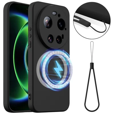 For Xiaomi 17 Ultra 5G Magnetic Case Anti-Drop Liquid Silicone Phone Cover with Lanyard - Black