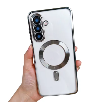 For Samsung Galaxy A26 5G Magnetic Case Clear Electroplated TPU Phone Cover with Camera Lens Film - Silver