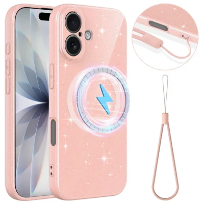 Coque magnétique pour iPhone 16, coque de téléphone transparente TPU résistante aux chocs avec paillettes et cordon, compatible MagSafe - Rose
