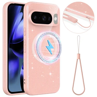 For Google Pixel 10 Magnetic Case Glitter TPU Shockproof Phone Cover with Lanyard - Pink