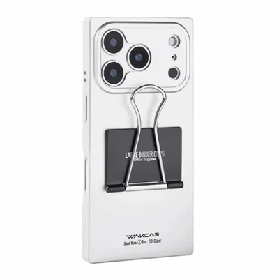 WAKCAS For iPhone 17 Pro Case Metal Binder Clip Kickstand Matte TPU Square Phone Cover - Silver