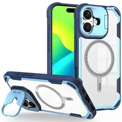 Bulk Purchasing For iPhone 16 Plus Magnetic Case with Lens Kickstand TPU PC Acrylic Phone Back Cover Compatible with MagSafe - Navy Blue