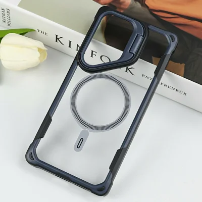 Bulk Purchasing For Samsung Galaxy S24 Ultra Magnetic Case with Lens Kickstand TPU PC Acrylic Phone Back Cover - Navy Blue
