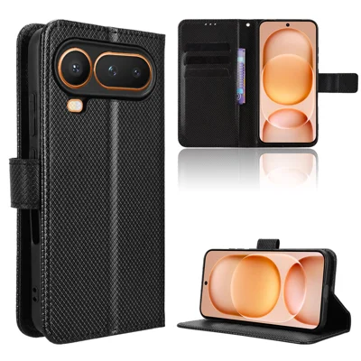 Étui portefeuille en cuir pour Honor Magic8 Pro Air 5G avec dragonne, housse téléphone texture diamant - Noir