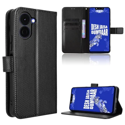 For TECNO Spark Go 3 Leather Wallet Case with Strap Diamond Texture Phone Cover - Black