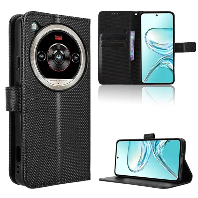 Capa Carteira em Pele para ZTE nubia Focus 2 Ultra 5G com Alça, Capa com Textura Diamante - Preto