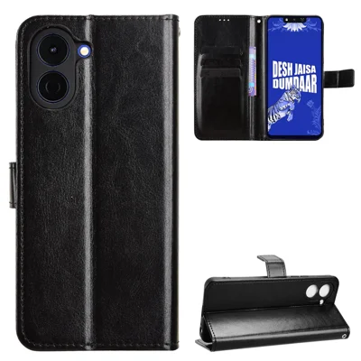 For TECNO Spark Go 3 PU Leather Case with Strap Crazy Horse Texture Phone Wallet Cover - Black