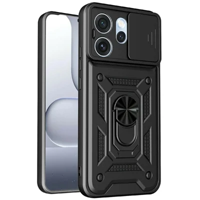 For Oppo Reno15 Pro Max 5G (Global)  /  Reno15 Pro 5G (China) Case with Slide Camera Lid PC + TPU Kickstand Phone Cover - Black