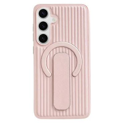 For Samsung Galaxy S24 Magnetic Case Sliding Foldable Kickstand Corrugated PU Leather + PC Phone Cover - Pink