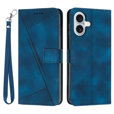 Bulk Purchasing For iPhone 17 Leather Wallet Case Imprinted Triangle Phone Cover with Wrist Strap - Blue