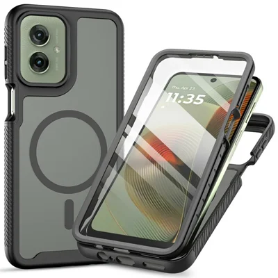 For Motorola Moto G55 5G Magnetic Phone Case 3 in 1 Translucent Skin Touch PC TPU Back Cover with PET Screen Film - Black