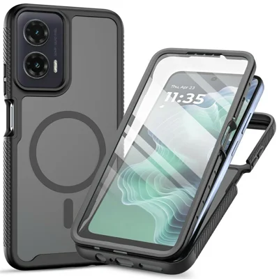 For Motorola Moto G35 5G Magnetic Phone Case 3 in 1 Translucent Skin Touch PC TPU Back Cover with PET Screen Film - Black