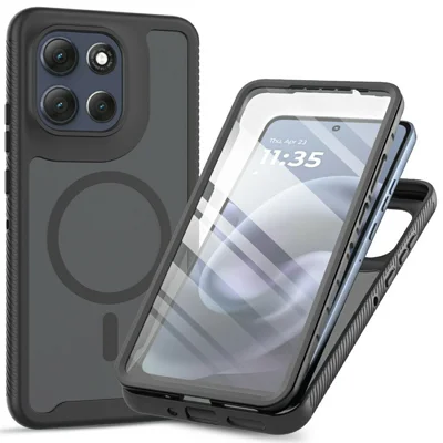 For Motorola Moto G86 5G Magnetic Phone Case 3 in 1 Translucent Skin Touch PC TPU Back Cover with PET Screen Film - Black
