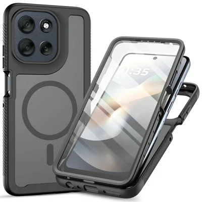 For Motorola Moto G56 5G Magnetic Phone Case 3 in 1 Translucent Skin Touch PC TPU Back Cover with PET Screen Film - Black