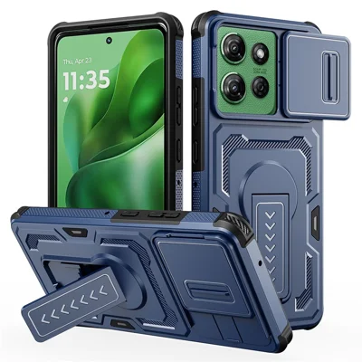 For Motorola Moto G Power (2025)  /  G Play (2025) 5G Case Slide Lens Shield PC + TPU Kickstand Phone Cover - Blue