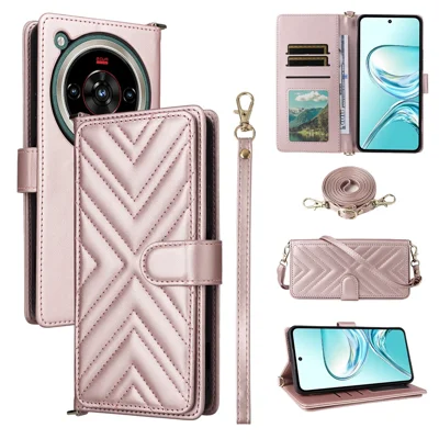 Capa de Couro para ZTE nubia Focus 2 Ultra 5G com Suporte, Carteira e Alça de Ombro / Punho - Rosa