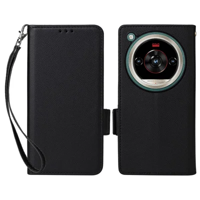 Capa de Telemóvel com Textura de Lichia, Carteira, Pele, com Alça para Wrist Strap - Preto para ZTE nubia Focus 2 Ultra 5G