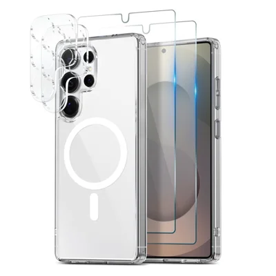 NORTHJO 5 in 1 Set for Samsung Galaxy S25 Ultra Magnetic Case PC + TPU Phone Cover with 2 Front Screen Protector (Support Fingerprint Unlock) + 2 Lens Film - Transparent