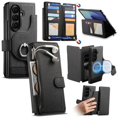 For Samsung Galaxy Z Fold6 5G Magnetic Case Detachable Wallet Stand Cloth Texture Leather + PC + TPU Phone Cover - Black
