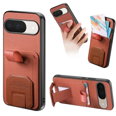 Phone Case for Google Pixel 10 Pro  /  Pixel 10 Cloth Texture TPU PU Leather PC Phone Back Cover with Card Holder Kickstand - Brown
