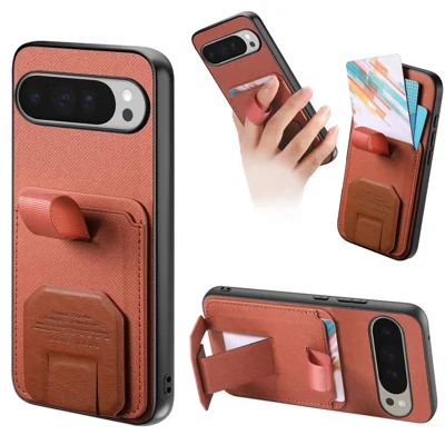 For Google Pixel 10 Pro XL Case Cloth Texture TPU PU Leather PC Phone Back Cover with Card Holder Kickstand - Brown