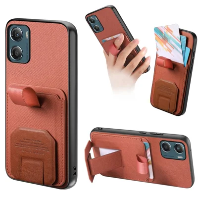For Motorola Moto G06 Power 4G / G06 4G Case Cloth Texture TPU PU Leather PC Phone Back Cover with Card Holder Kickstand - Brown