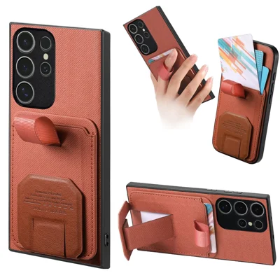 For Samsung Galaxy S25 Ultra Case Cloth Texture TPU PU Leather PC Phone Back Cover with Card Holder Kickstand - Brown