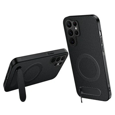 WANLONFENG For Samsung Galaxy S24 Ultra Magnetic Case  QT Series Kickstand Carbon Fiber Texture PC TPU Phone Cover - Black