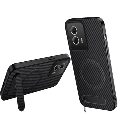 WANLONFENG For Motorola Moto G85 5G Magnetic Case  QT Series Kickstand Carbon Fiber Texture PC TPU Phone Cover - Black
