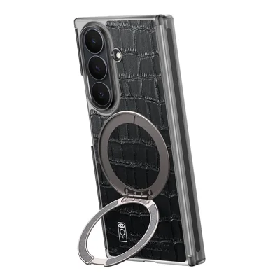 Funda magnética para Samsung Galaxy Z TriFold 5G, carcasa de cuero con textura de cocodrilo, eje dual, con soporte anular giratorio 360° - Negro